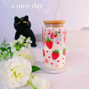 Glass strawberry milk jar cup lid straw dispenser kawaii cute water bottle coffe